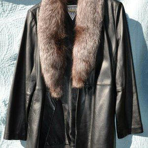 Beautiful Black Leather Coat with Fox Fur Collar